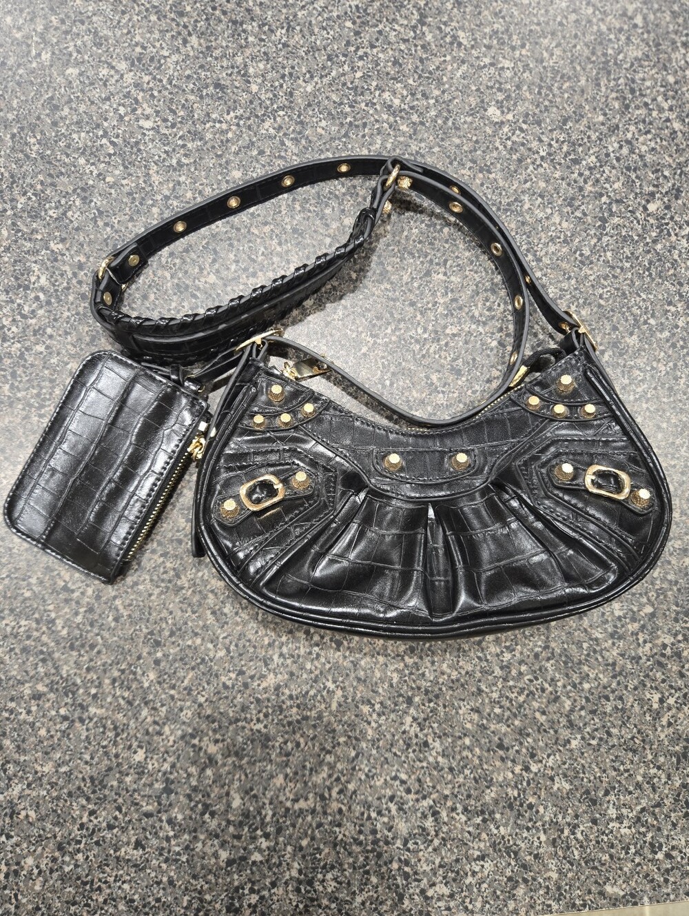 Black Faux Croc Y2K Moto Shoulder Bag Gold Studs Buckles + Pouch